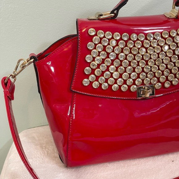ORLI Collection Womens Crossbody Shoulder Bag Rhinestones Patent Leather Red - Picture 9 of 10